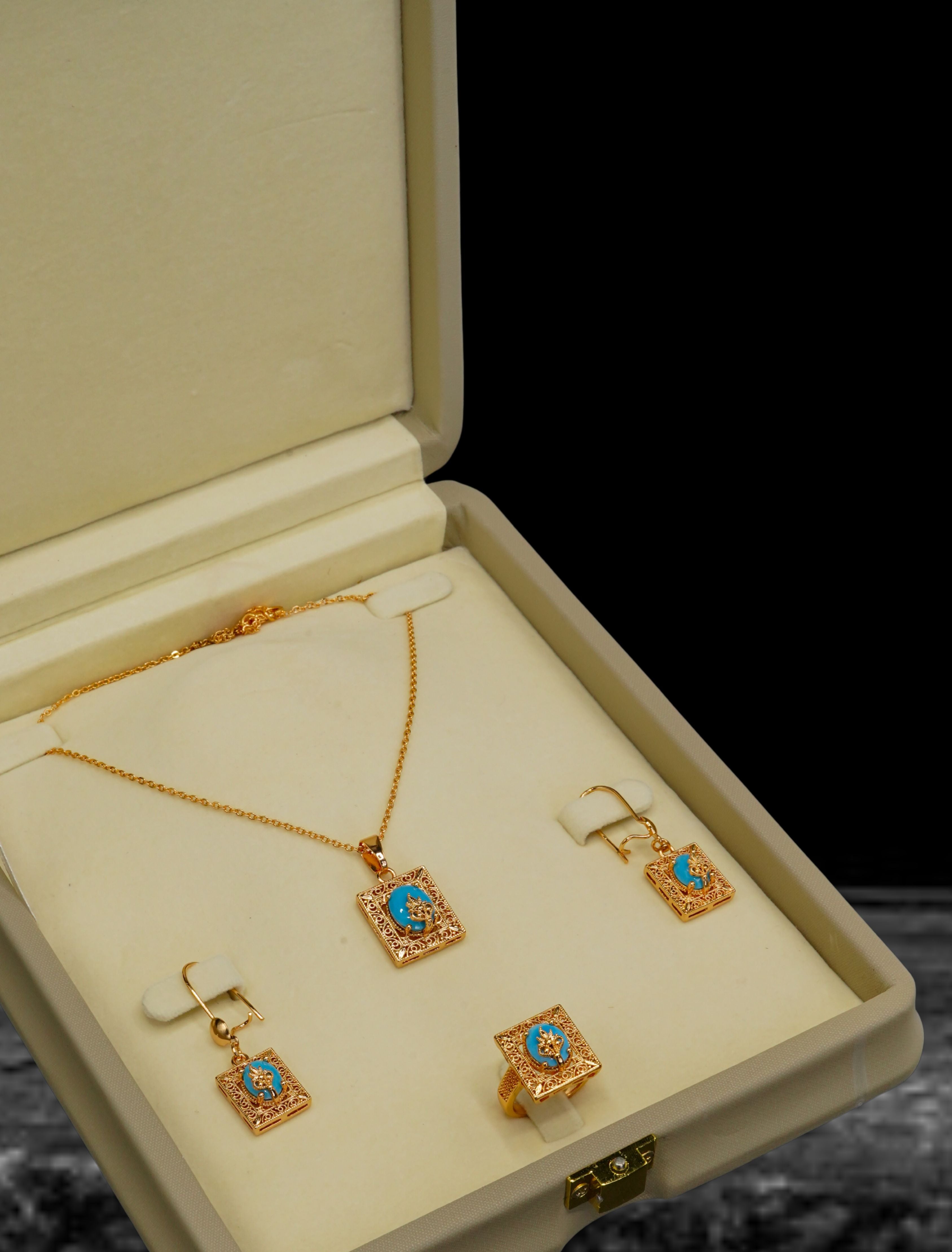 Golden Stone Pendant with Earrings and Ring Set LS-18
